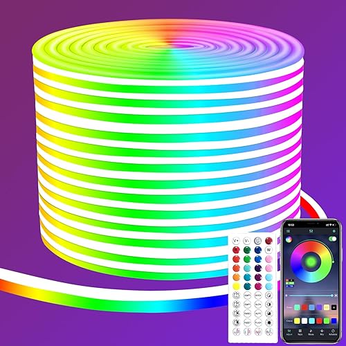 segrass 50ft RGB LED neon Rope Lights LED neon Lights with Remote Control/APP Control IP65 Waterproof Flexible Neon LED Strip Lights for Bedroom Room Outdoors Décor - 50ft