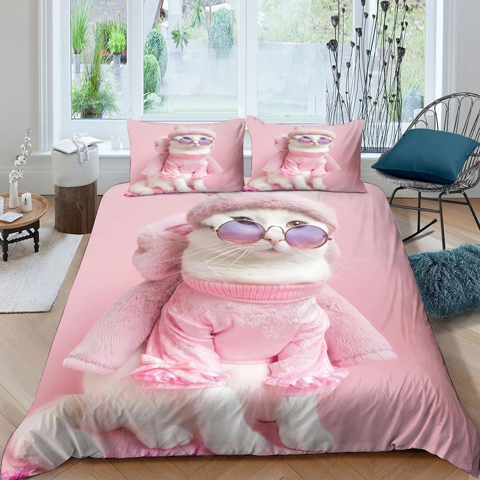 Ctjqhvkz Style-6 3D Printed Cool Cat Sunglasses Fitted Sheet Microfiber Pink Cartoon Mattress Cover For Bedroom Dorm Easy Care Decor Single（135X200cm）