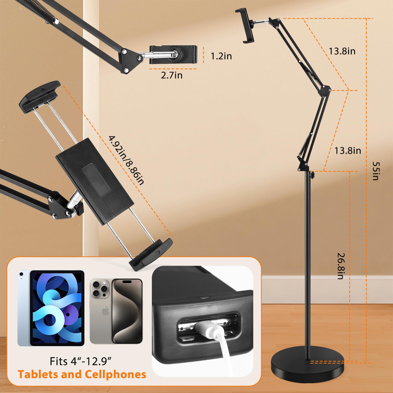 Tablet-Bodenständer mit 5,4 kg stabiler Basis, höhenverstellbar, dehnbarer Arm, Schwenkhalterung, kompatibel mit iPhone, iPad Pro Air Mini, Samsung Tab, Kindle, Handys (11,9 - 33 cm)