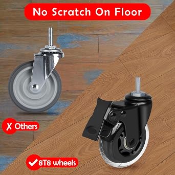 8T8 3 Inch Rubber Caster Wheels Heavy Duty with 2 Brakes, 5/16