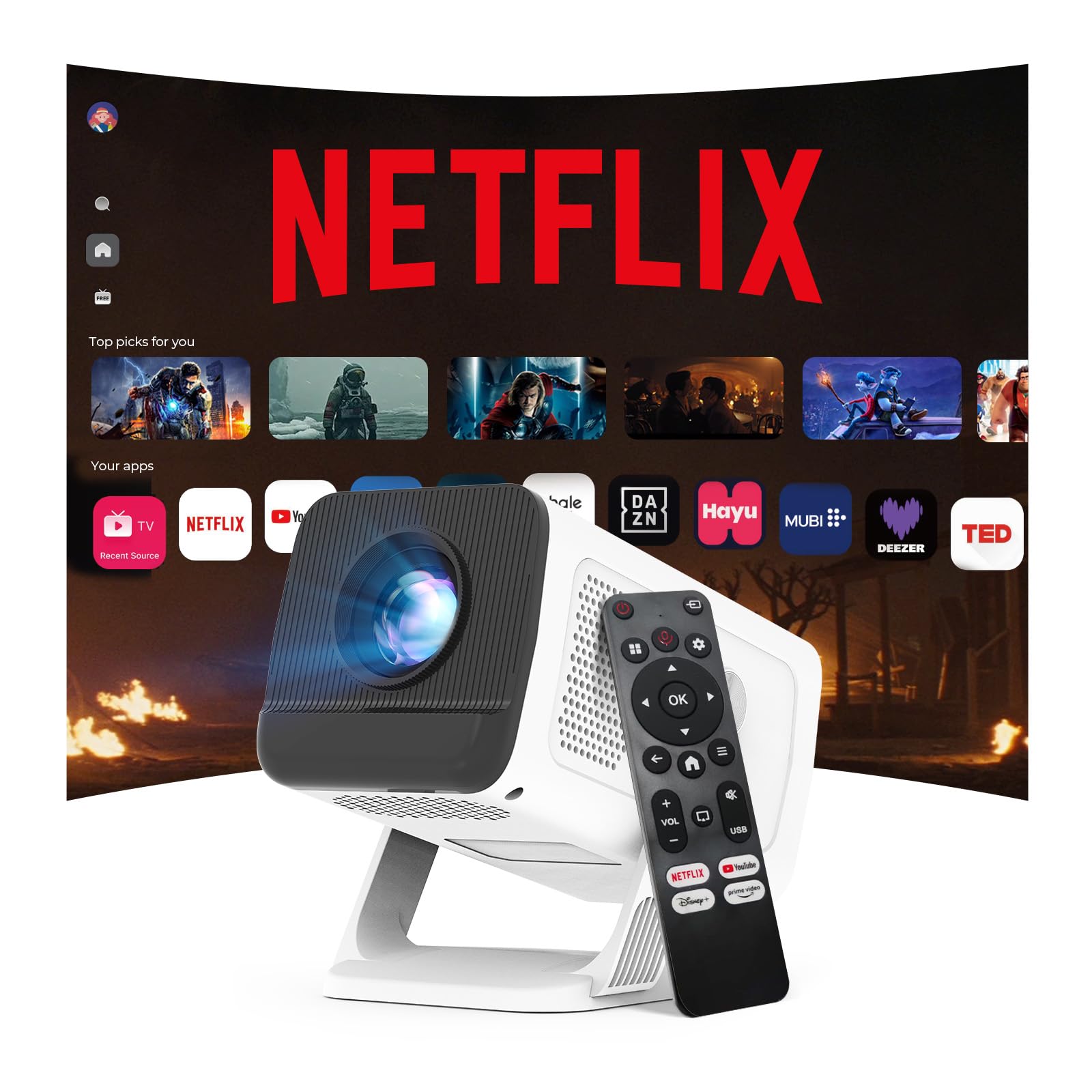[Compatible with Netflix] Mini Smart Proyector 1080P Soporte 4K, Android 13, Auto Keystone, WiFi 6 Bluetooth 5.4, Google CTS Approved Proyector Portatil iOS/Android/TV Stick LYNCAST N300 Projector