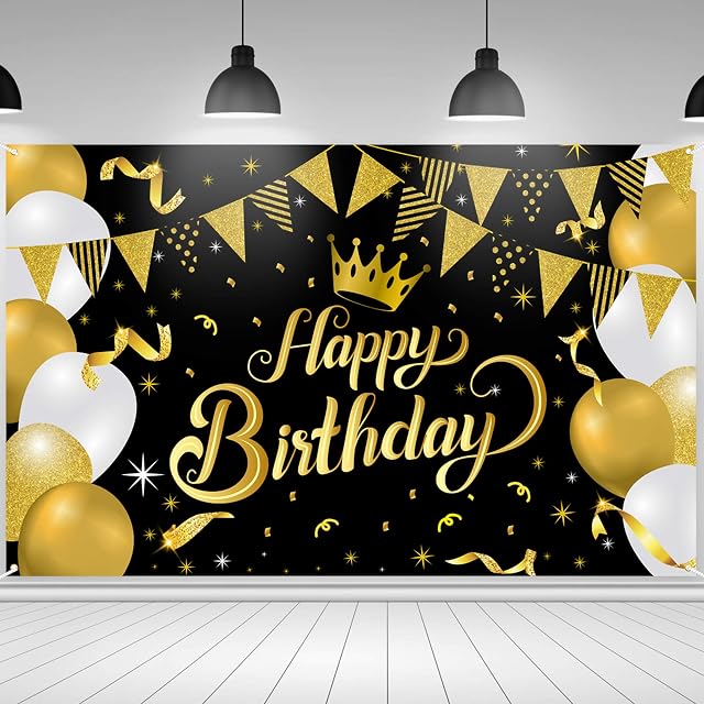 ANVAVA Large Fabric Happy Birthday Banner Backdrop Black Gold Sign Poster Photo Booth Background for Birthday Party Decoration Supplies Men Boys, 73.6 x 46 Inch