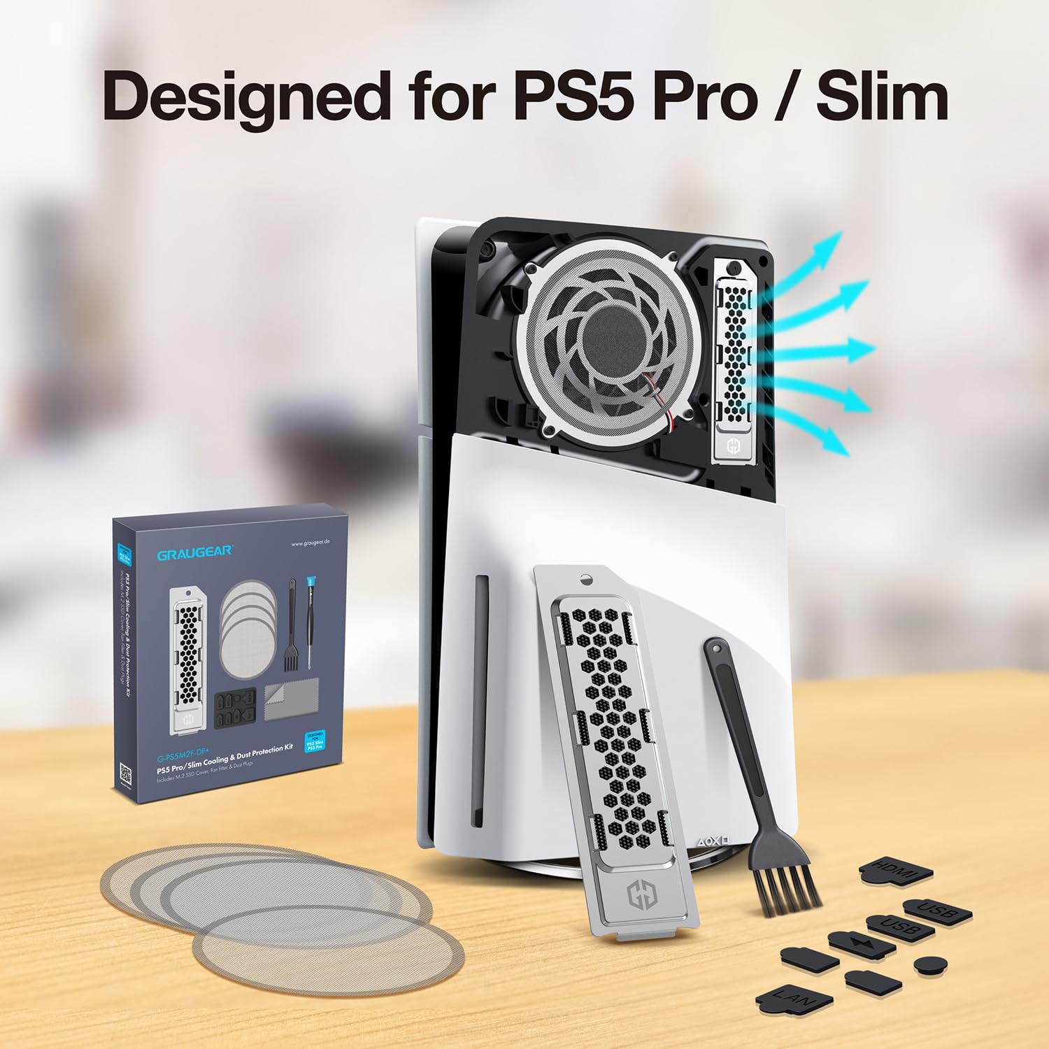 GRAUGEAR Zestaw filtrów przeciwpyłowych premium do PS5 Slim & Pro – zawiera osłonę przeciwpyłową M.2 SSD, silikonowe osłony i szczotki do czyszczenia, zwiększa trwałość