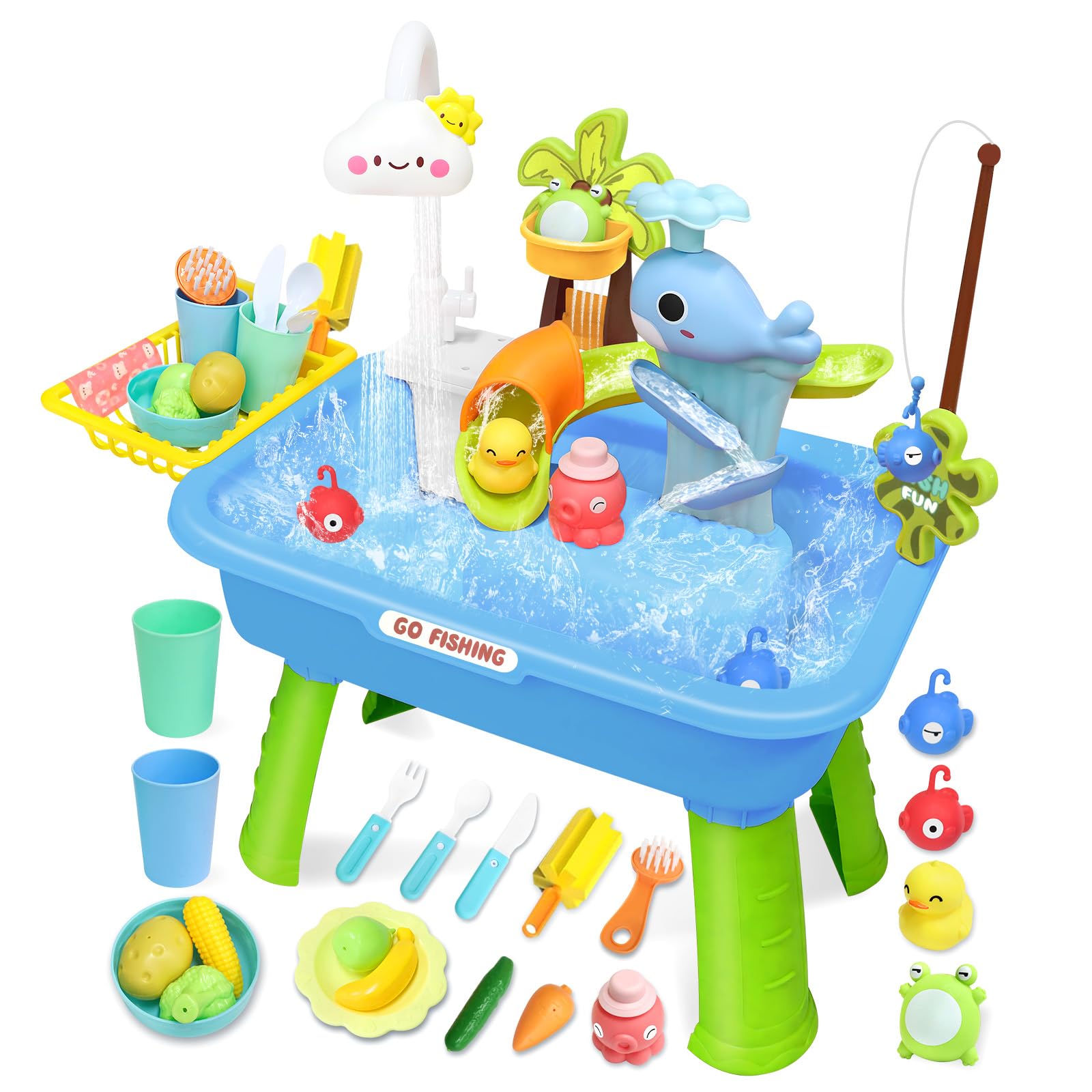 Photo 1 of GoFujuco Water Play Table for Toddlers 1-3, Kids Play Sink with Electric Faucet, Outdoor Water Table with Fishing Game, Summer Baby Water Sensory Toy for Toddlers 1-3 Years (Blue)