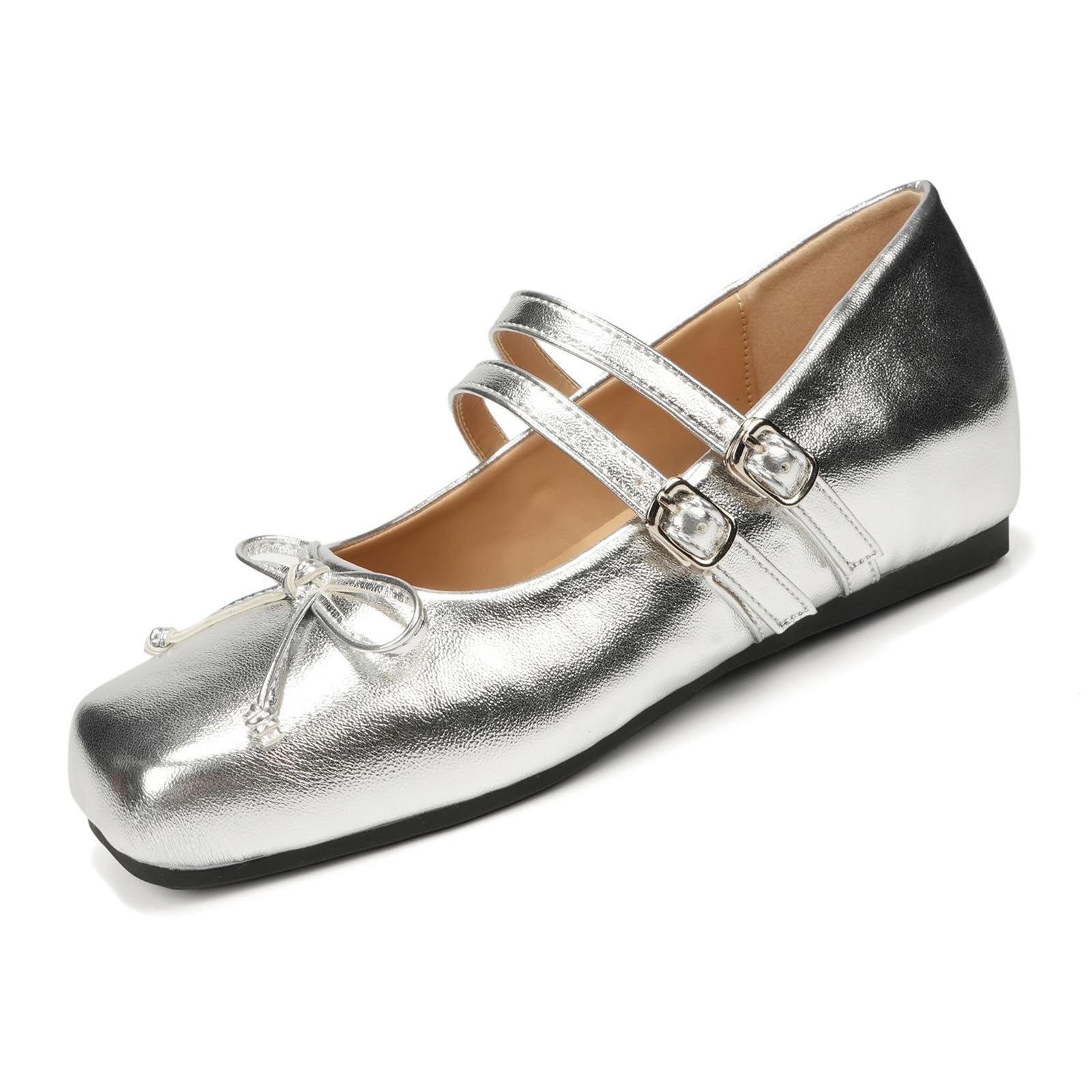 Mary Jane - Ballerine da donna, vintage, punta quadrata, doppia cinghia, con elegante fiocco, fibbia regolabile, comode, casual, per tutti i giorni, Argento, 36 EU