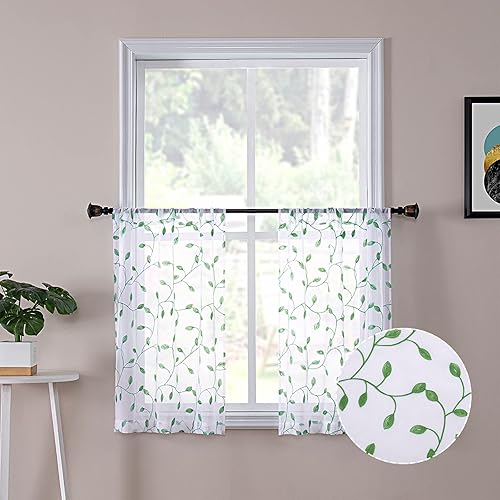Cortinas Tollpiz translúcidas, con diseño de hojas bordadas, para dormitorio, de lino sintético, para sala de estar, juego de 2 paneles