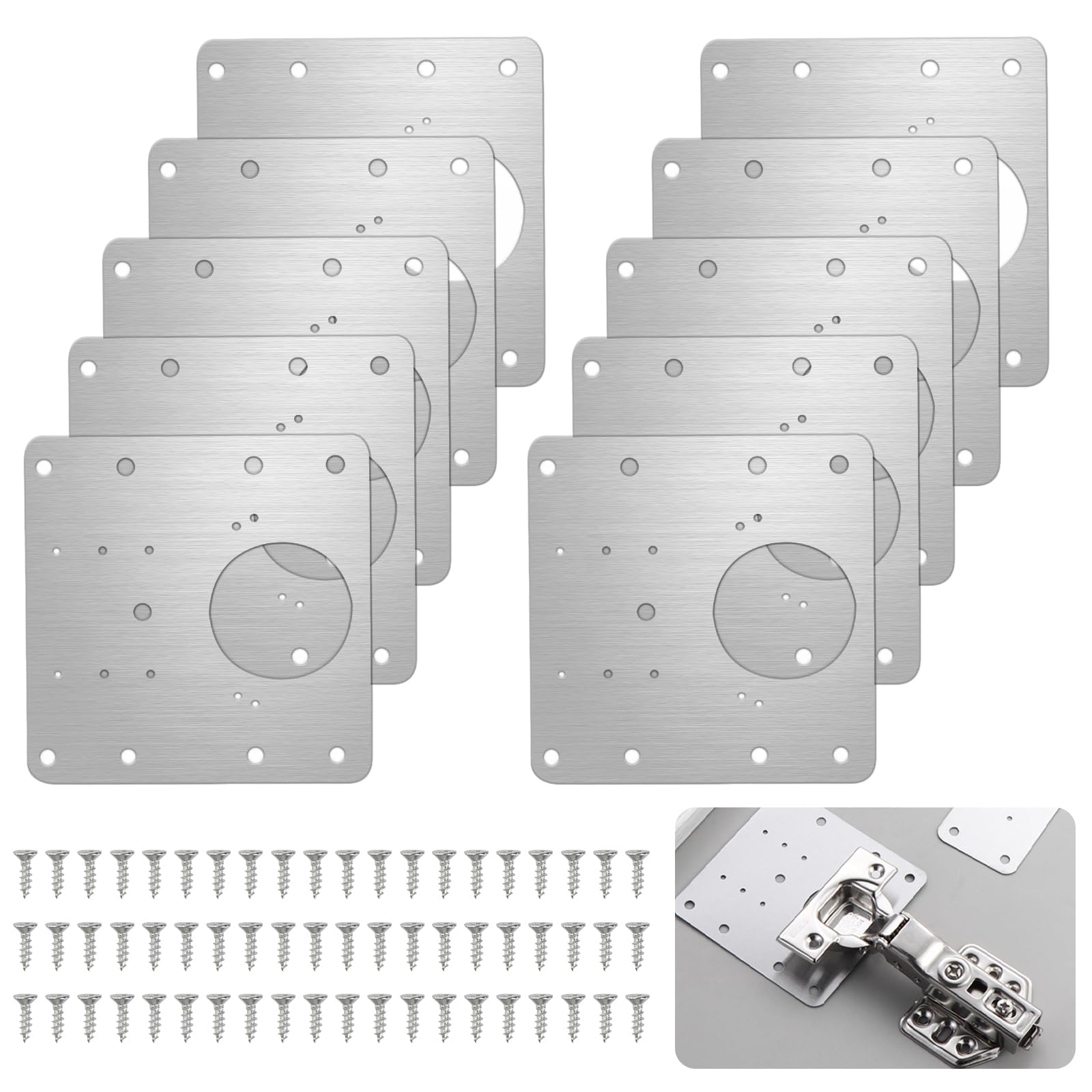 10 Pcs Cabinet Door Hinges Cabinet Hinge Repair Plate Kit Stainless Steel Door Hinge Mounting Plate with 60