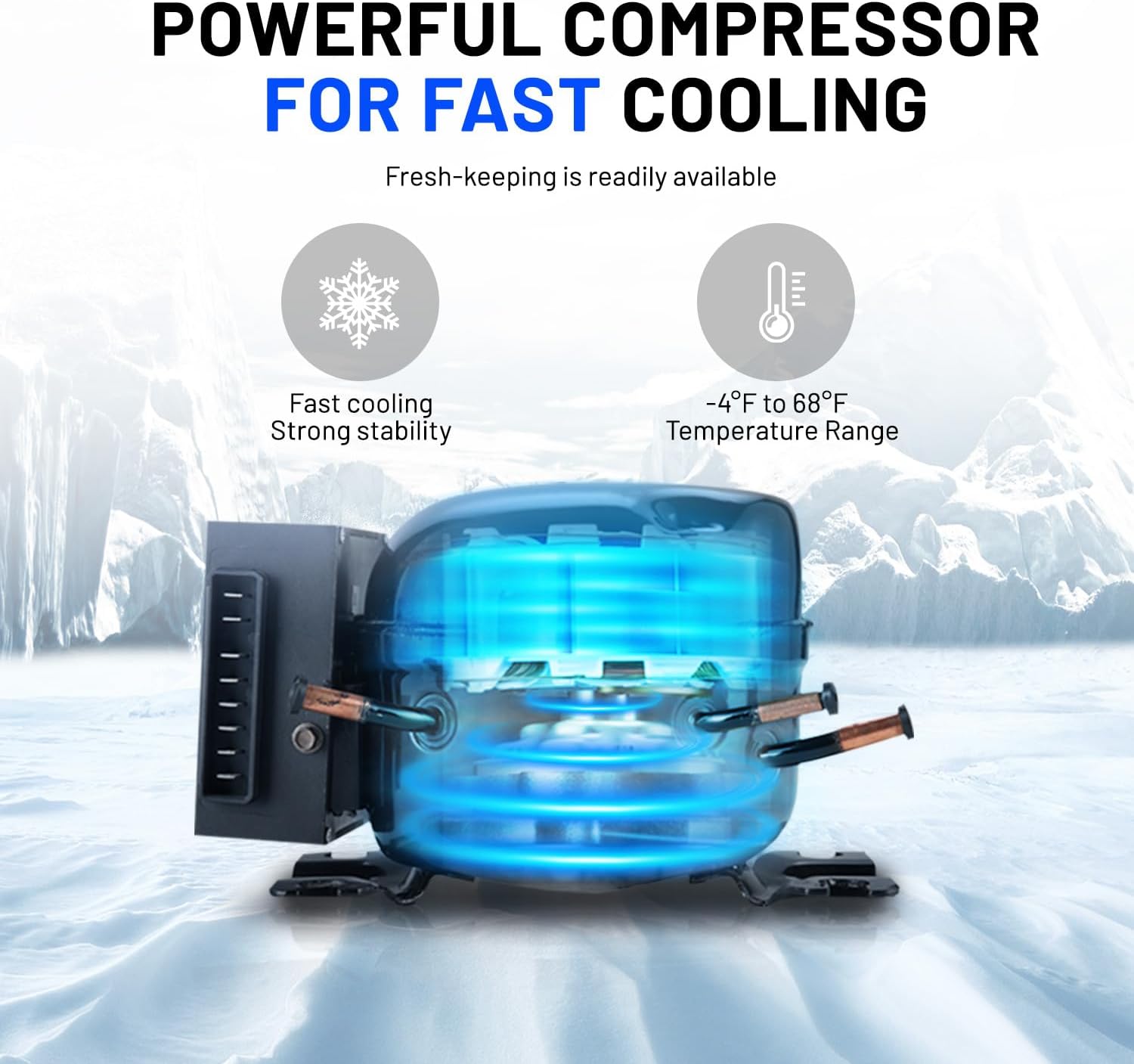 Illustration of the powerful compressor inside the Alpicool S15 portable freezer, highlighting fast cooling and temperature range.