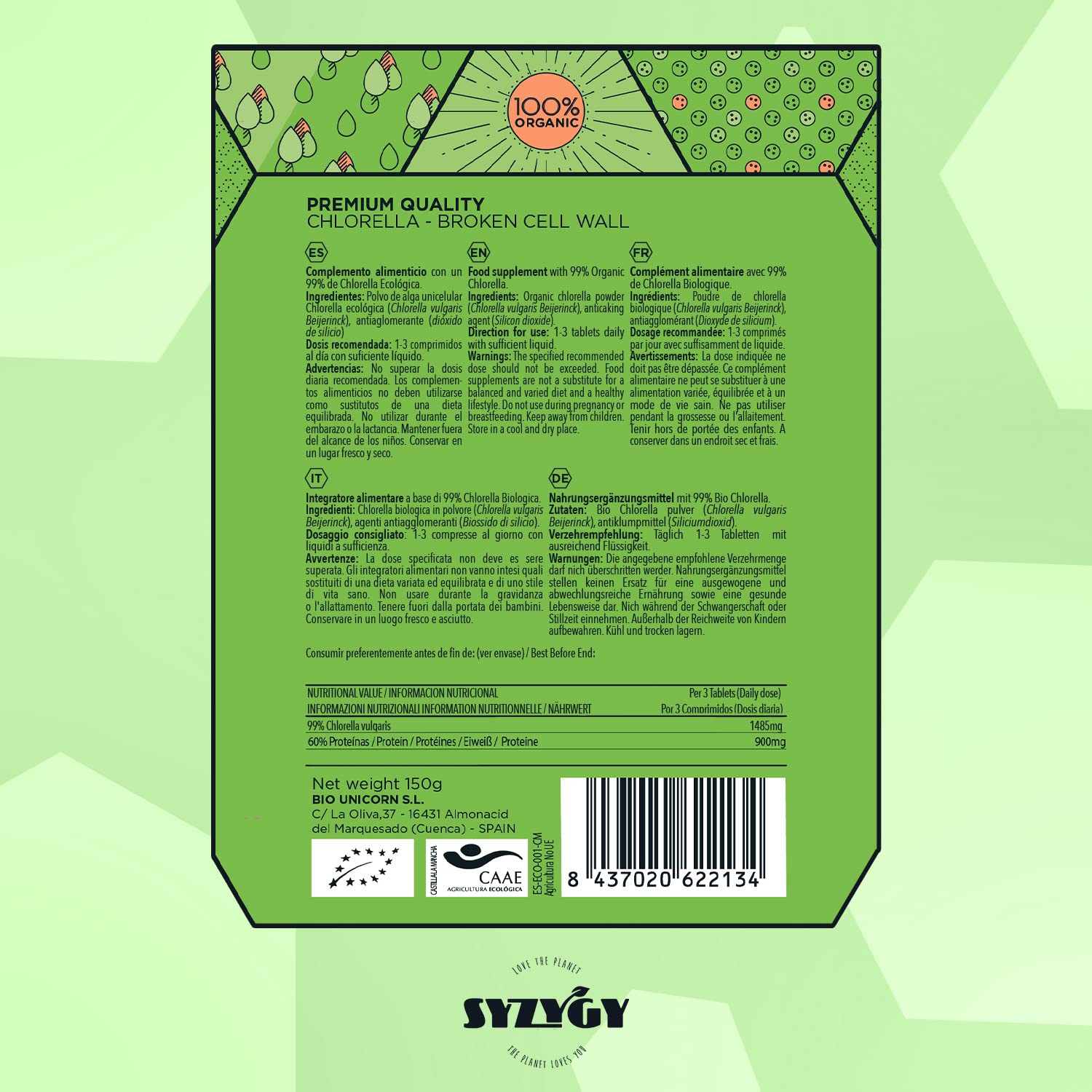SYZYGY FOOD - Chlorella Certifiée Bio - 300 Comprimés de 500mg - Chlorella 99% Bio - Paroi Cellulaire Brisée - DETOX - Vegan - Protéines Végétales - Satiétant - B12 - Vitamines - Minéraux