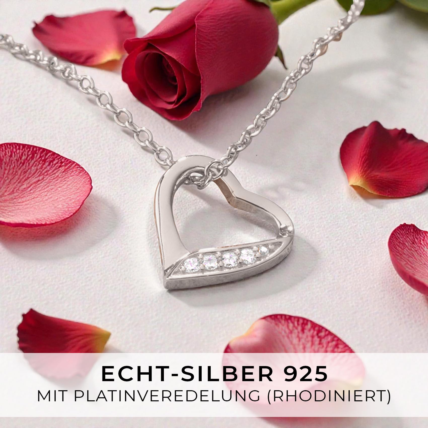 Amoonìc Herzkette Silber 925, Halskette Damen verstellbar 45-50cm | Herzanhänger "Ich liebe Dich" Echt Silber mit Steinen, Kette Damen mit Herz, Frauen Schmuck Geschenk für Sie Mama Freundin