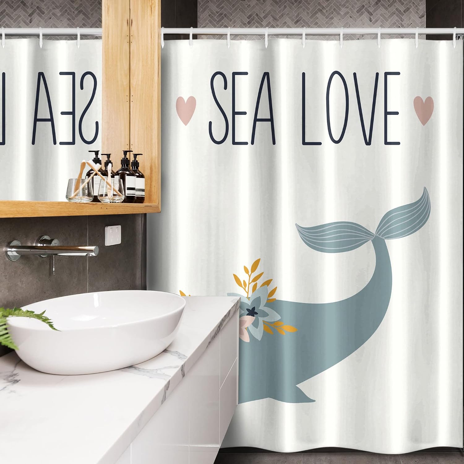 Ambesonne Summer Stall Shower Curtain, Sea Love Text with Hearts Whale Wearing Flower Wreath Underwater Animals, Fabric Bathroom Decor Set with Hooks, 54" W x 78" L, Slate Blue White Black