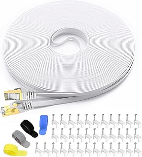 Cat7 Shielded Ethernet Cable 100ft (Highest Speed Cable) Flat Ethernet Patch Cable Support Cat5/Cat6 Network,600Mhz,10Gbps - White Computer Cord + Free Clips and Straps for Router Xbox