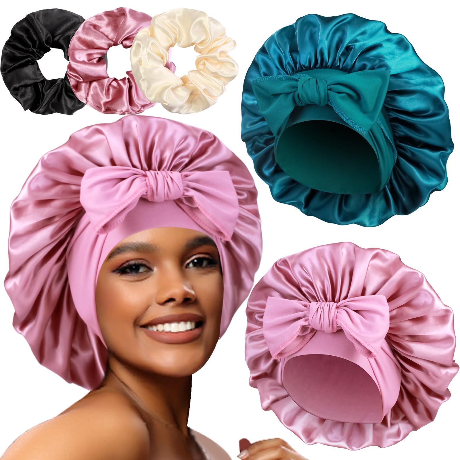 2+3 Large Satin Bonnets with Scrunchies for Women, Hair Bonnet Sleeping Tie Bonnet for Braids Curly Hair