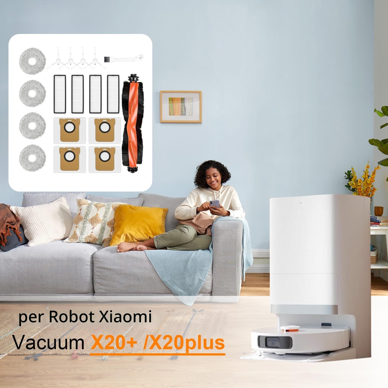 Kit Accessori Ricambi Compatibili Con Xiaomi Robot Vacuum X20+ / X20 Plus, 1 Spazzola Principale, 4 Sacchetti Polvere, 4 Spazzole Laterali, 4 Filtri, 4 Panni Mop, 1 Spazzola Pulizia-18 pezzi