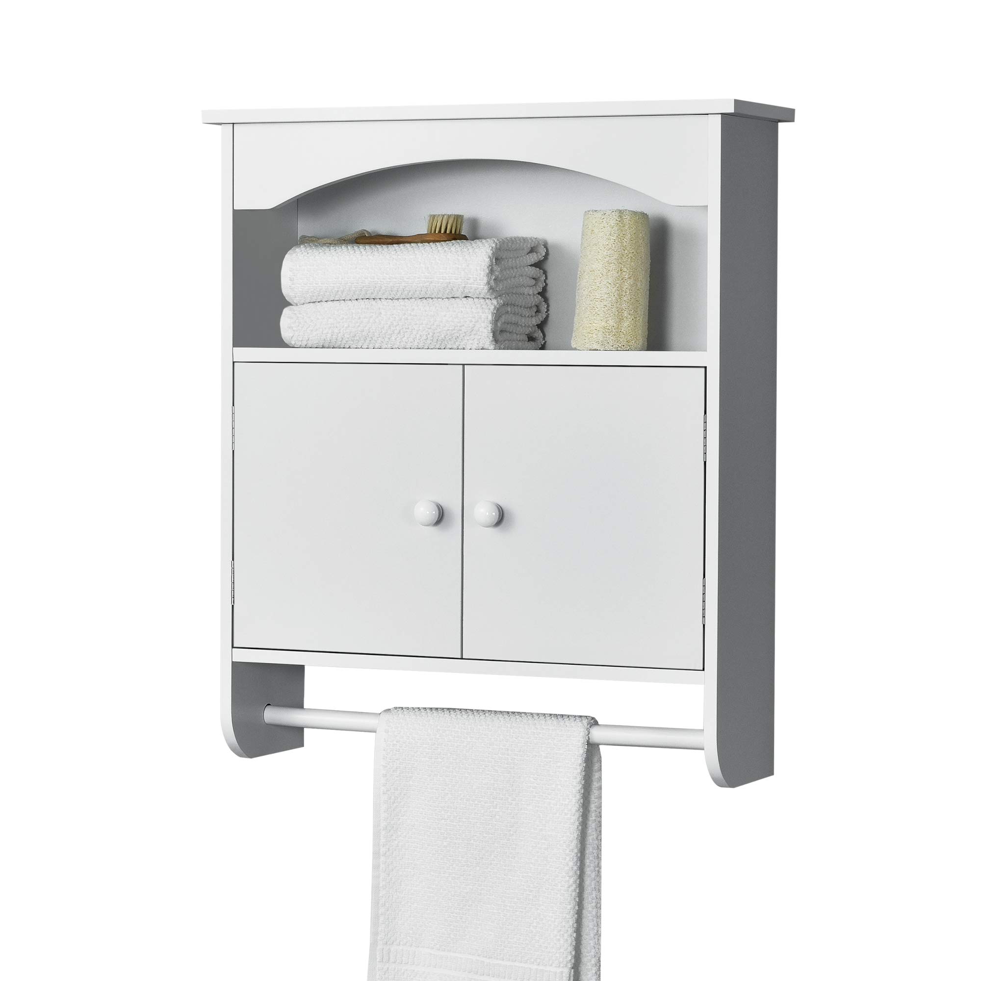 [en.casa] Mueble de Pared para Baño Graz - 61,3 x 53 x 15,5 cm - Armario Colgante - con 2 Puertas y Toallero Barra - Auxiliar de Baño - MDF - Blanco