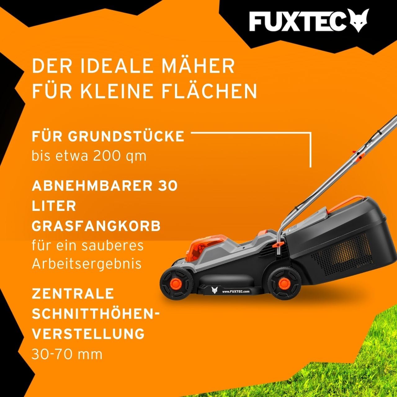 FUXTEC 20V Akku-Rasenmäher FX-E1RM20ECO, leichtgewichtiger Gartenmäher für kleine Flächen bis 200 m², 30 L Fangbox, Schnittbreite 30 cm, ohne Akku