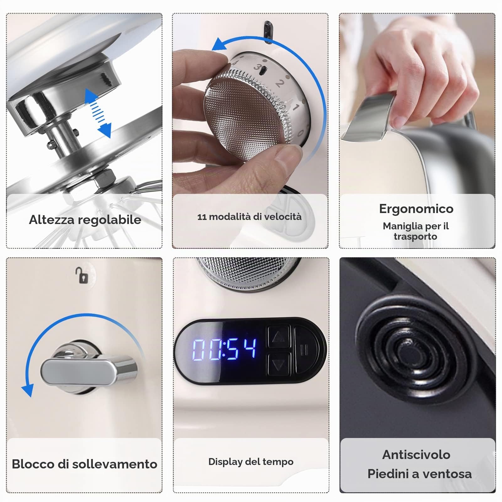 ZACME Pastaio Elegance Impastatrice Planetaria a Presa Diretta, Robot da Cucina Mixer, Display LCD,11 velocità,1500 W, 7 Litri, Acciaio, Metallo, Bianco