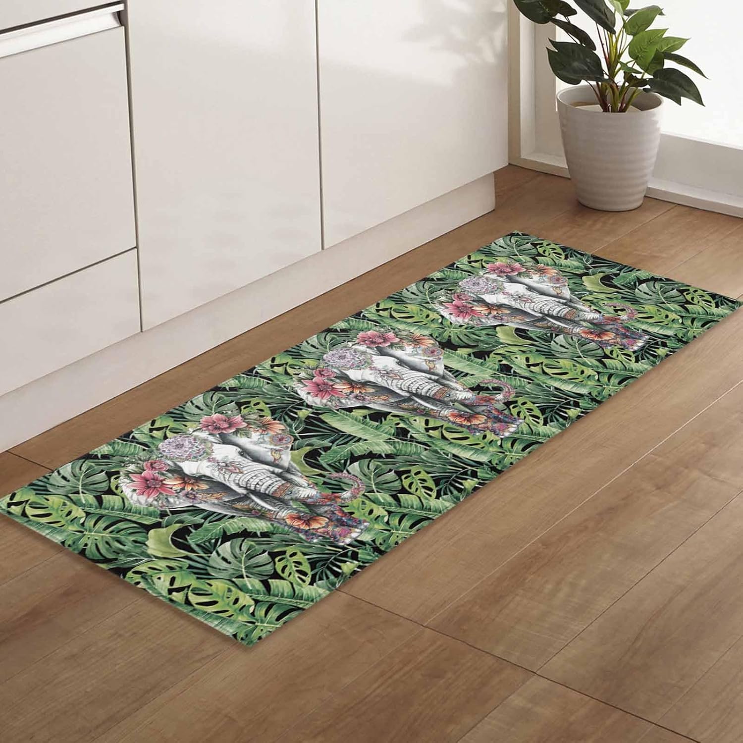 2 Pieces Kitchen Rugs and Mats,Summer Flower Elephant Palm Leaf Area Runner Rug Set Non Slip Floor Doormat Washable Carpet Standing Mat for Kitchen Sink Indoor Corridor,Tropical Green Plant Animal