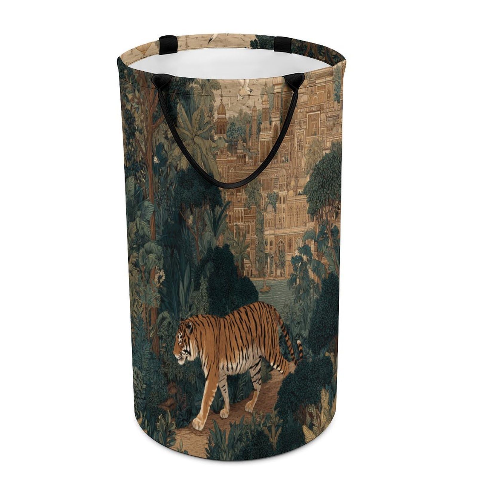 LUYYSKY Rustic Realistic Elegant Tiger Collapsible Dirty Clothes Basket, Retro Beautiful Castle Tropical Plant Palm Tree Animal Birds Portable Clothes Storage Laundry Basket-40 CM Dia, 69 CM High