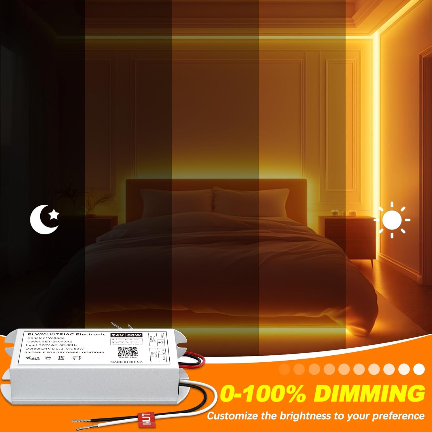 Dimmable LED Driver 60W 24V, Triac/ELV/MLV Transformer for LED and Halogen Lighting, Compatible with Lutron & Leviton Dimmers, Suitable for Indoor/Outdoor Applications