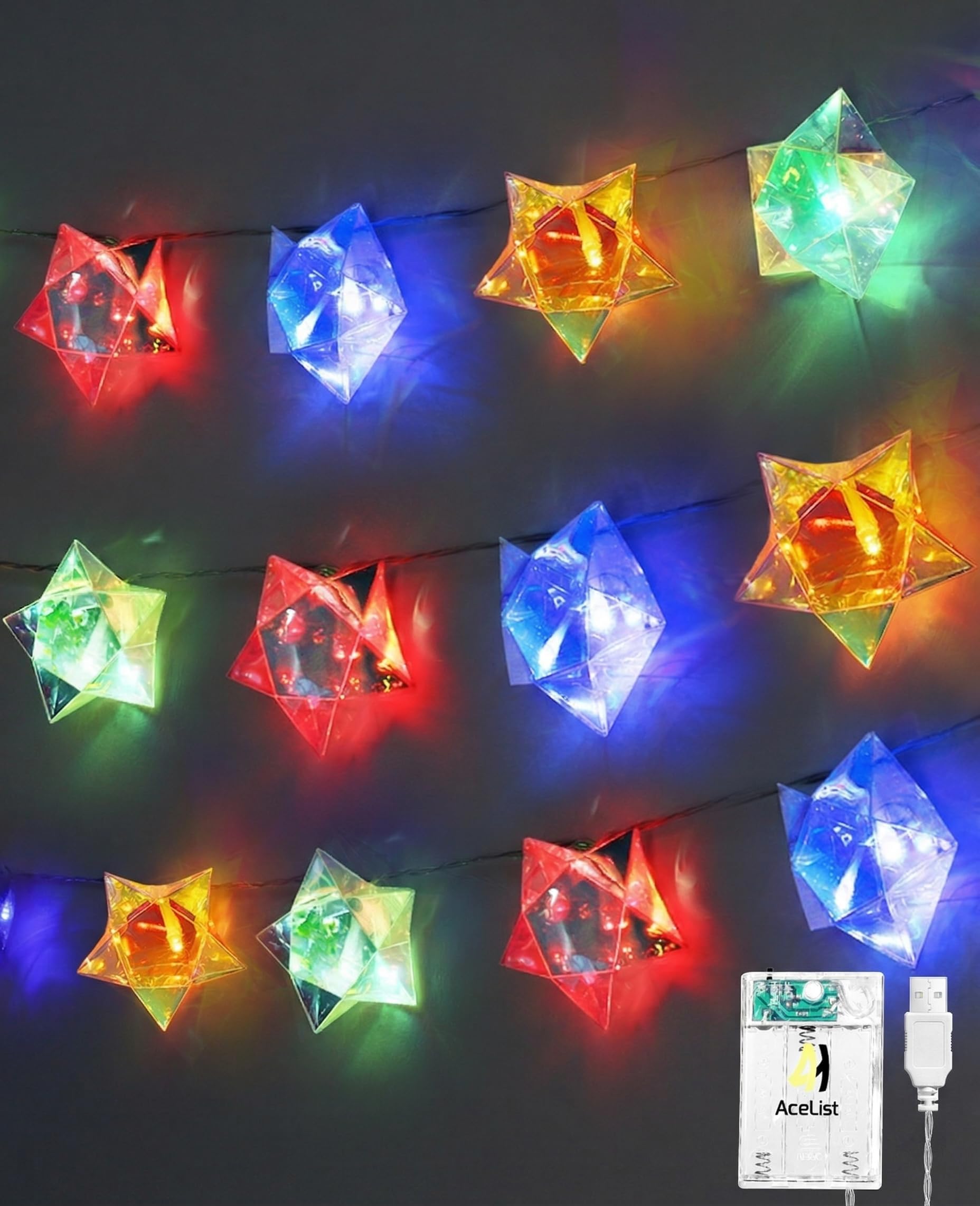 Iridescent Decor 10Ft Star String Lights 20 LED USB/Battery Operated String Lights Indoor/Outdoor, Holographic Decor for Christmas Birthday Party Tent Outer Space