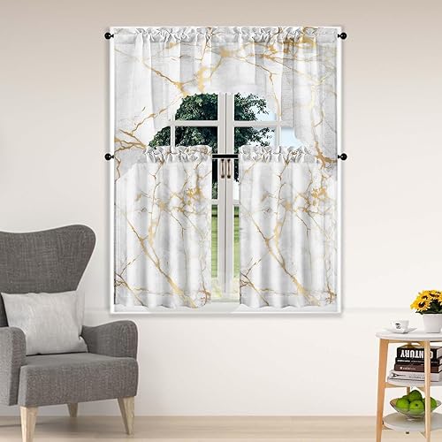 Juego de cortinas de lujo con diseño de mármol dorado para ventana, 3 piezas, cortinas de cocina, juego de cenefa de arte de mármol, cortina blanca