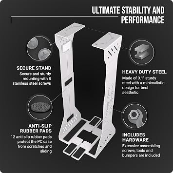 Heavy Duty Under Desk PC Holder Up to 77 lbs Load Capacity - Adjustable Computer Tower Holder - Under Desk Computer Mount (White)