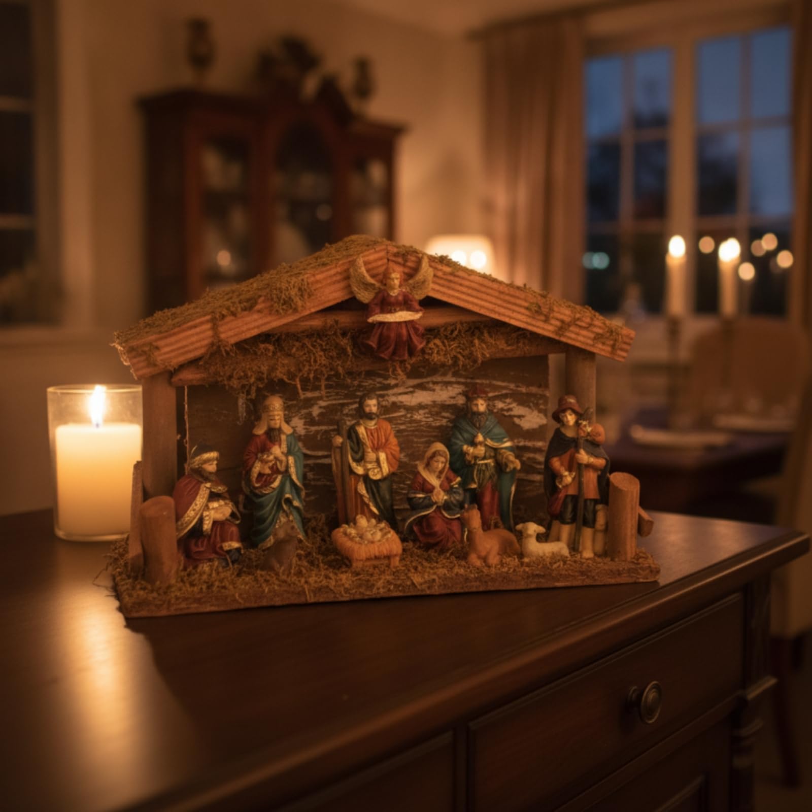 Crèche Noël Lumineuse Crèche Noël Complète Style Européen Figurines la Nativité pour Collectionneurs, Salon