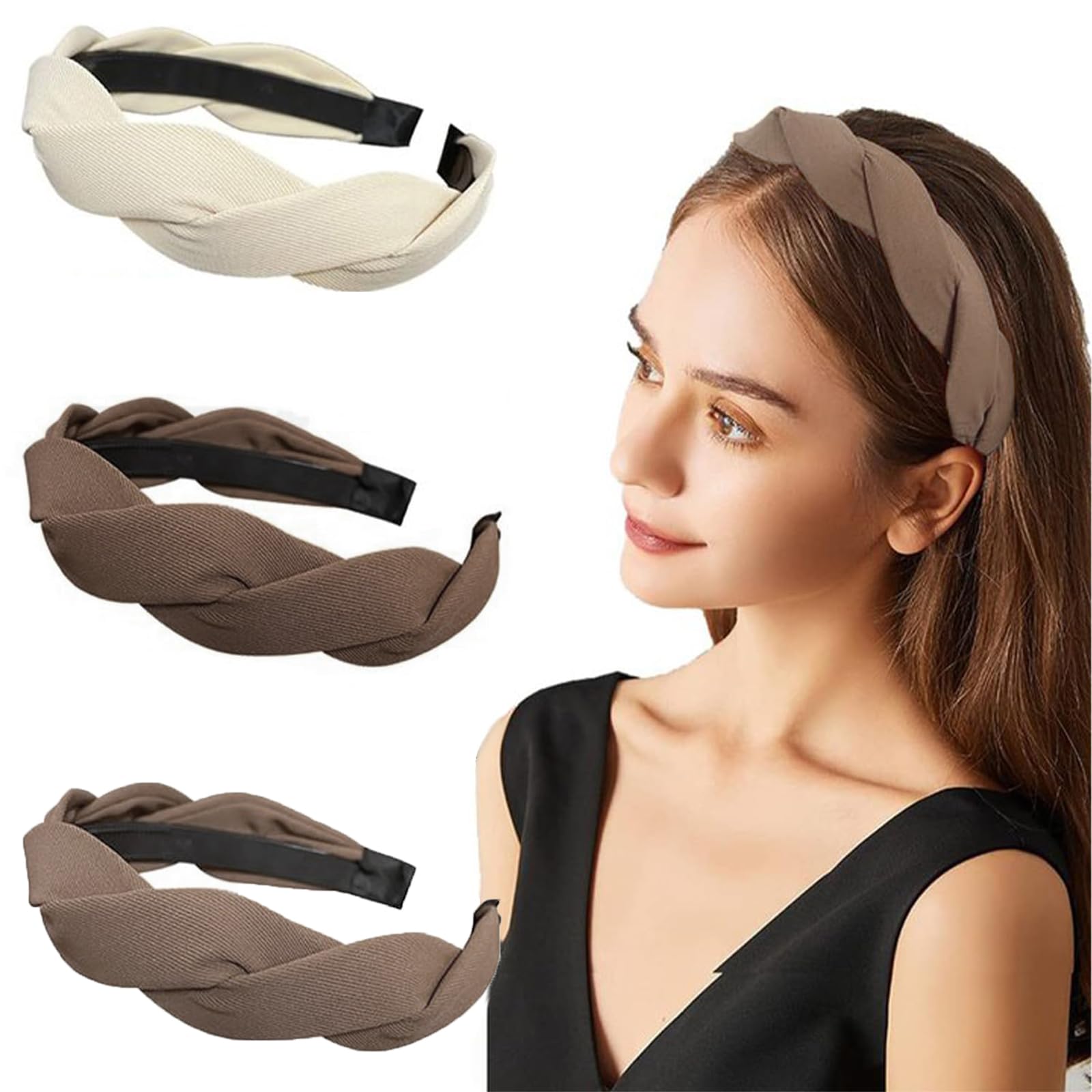 Geflochtene Stirnbänder Für Damen – Rutschfest, 3 Farben, Breites Knoten-Design Für Alle Frisuren