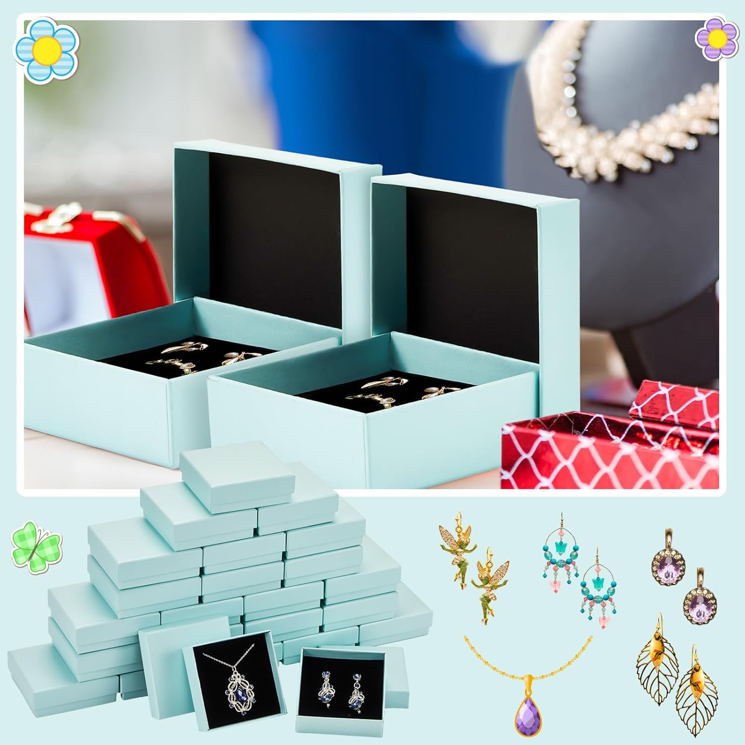 Tondiamo 24 Pcs Jewelry Gift Boxes 3.5 x 3.5 x 1.3 Inches, Small Gift Boxes for Necklaces Rings Bracelets Packaging, Jewelry Box for Christmas Wedding Engagement Birthday Anniversary, Turquoise