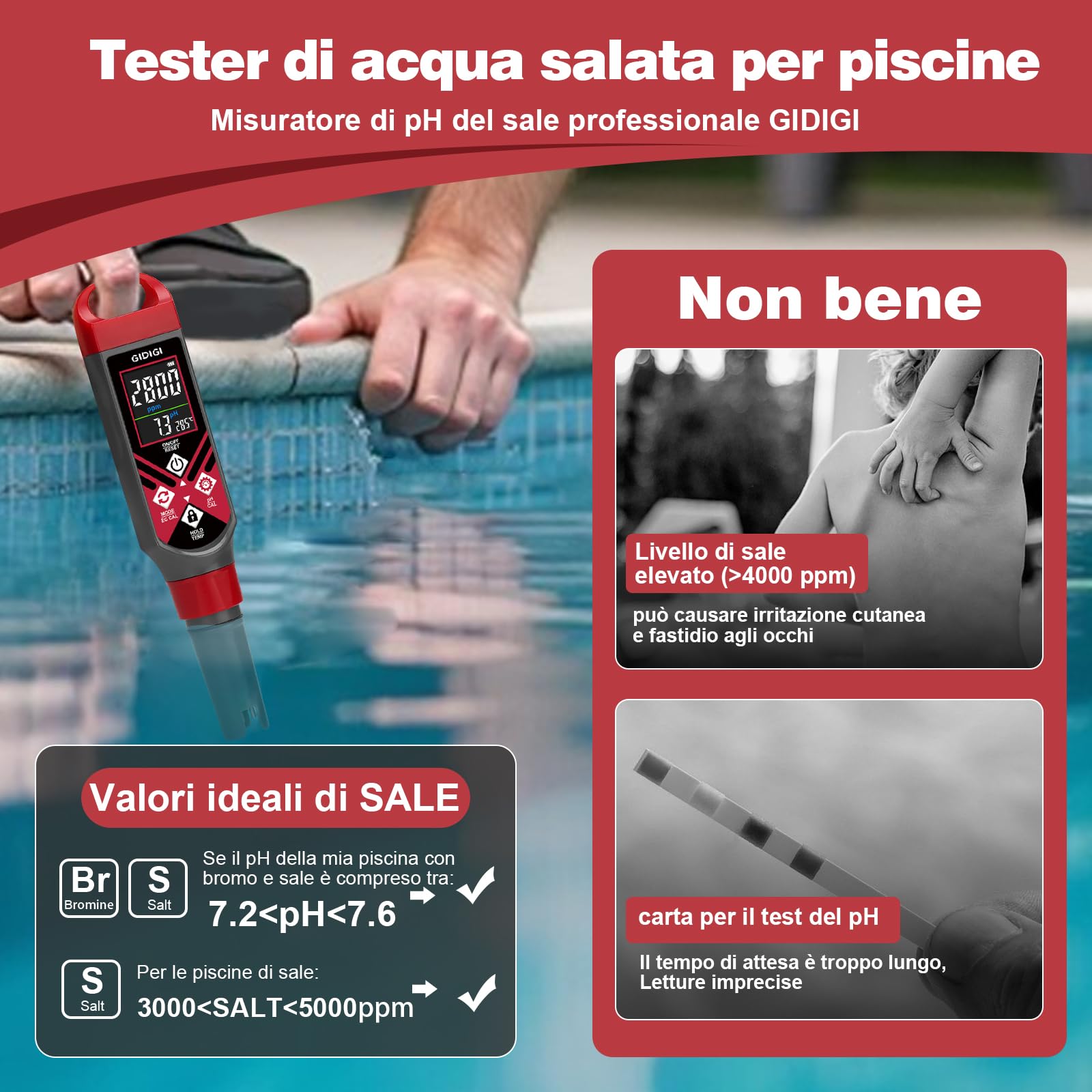 GIDIGI Misuratore di pH per Piscina 5 in 1 Tester PPM Schermo a Colori Acqua Salata Acquario