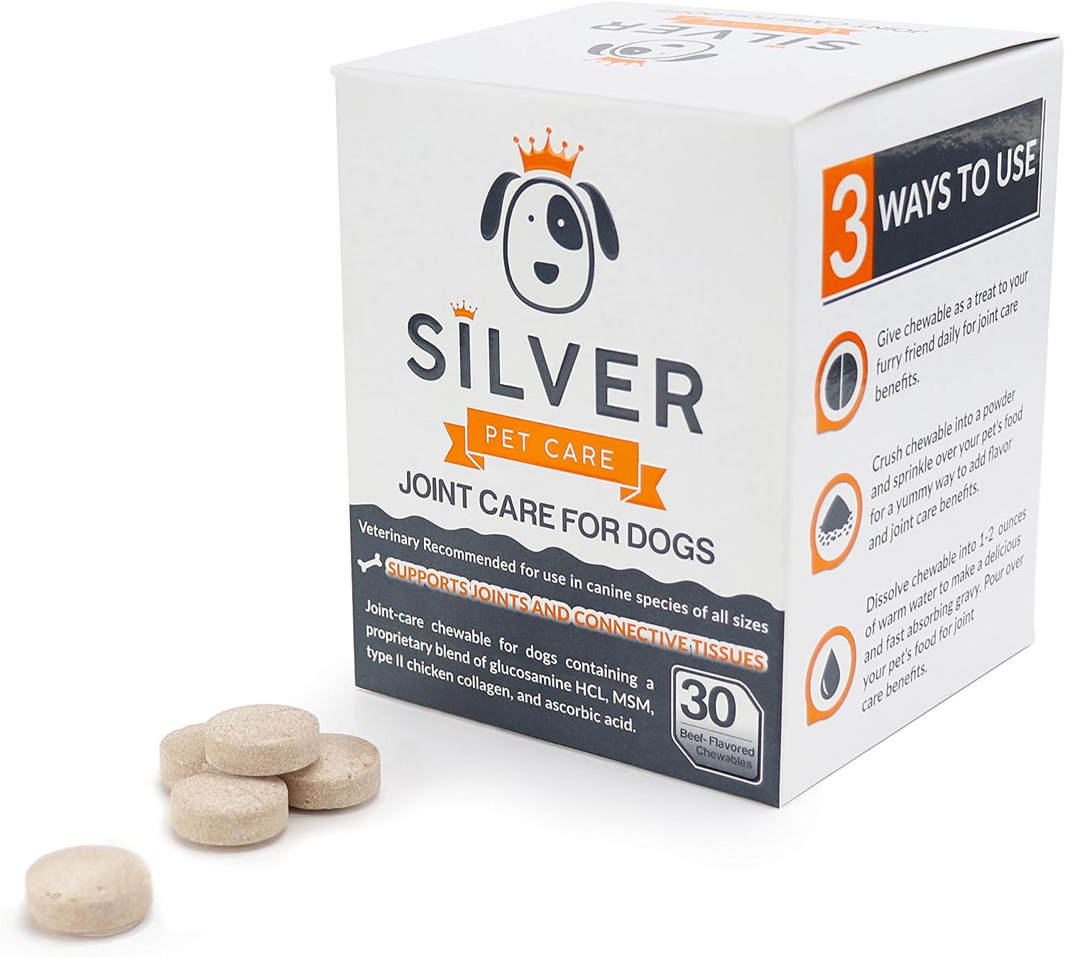 Silver Pet Care - Joint Care for Dogs, Beef Flavored chewable Supplement with glucosamine HCL, MSM, and Type II Chicken Collagen – 30 Count