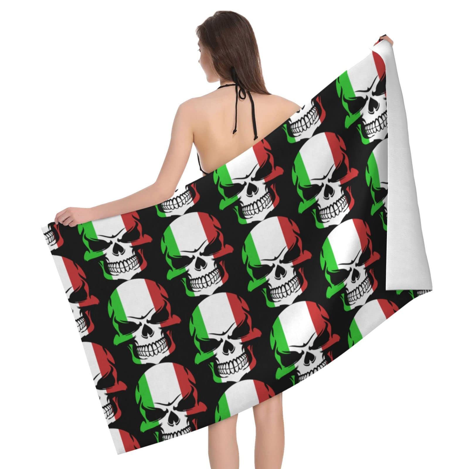 Lawenp Italian Flag Skull Beach Towel, Lightweight Sand Free Quick Dry Microfiber Absorbent Bath Towel for Kids, Adults, Swimming, Bath, Yoga, Pool, Travel, Camping 32"X52"