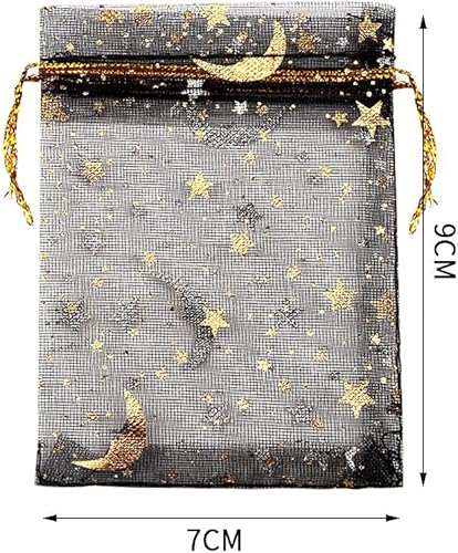 Miniatura 5 de SUMAJU 100 bolsas de organza de estrella lunar, 2.7 x 3.5 pulgadas, bolsa de organza negra transparente, pequeñas bolsas de regalo con cordón para