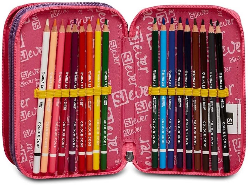 SJ Gang 3 Zip Pencil Case, SJ Gang, Faces from SJ, Blue Red, with School Supplies: 18 Markers and 18 Giotto Crayons, Tratto Cancellik Pen ...