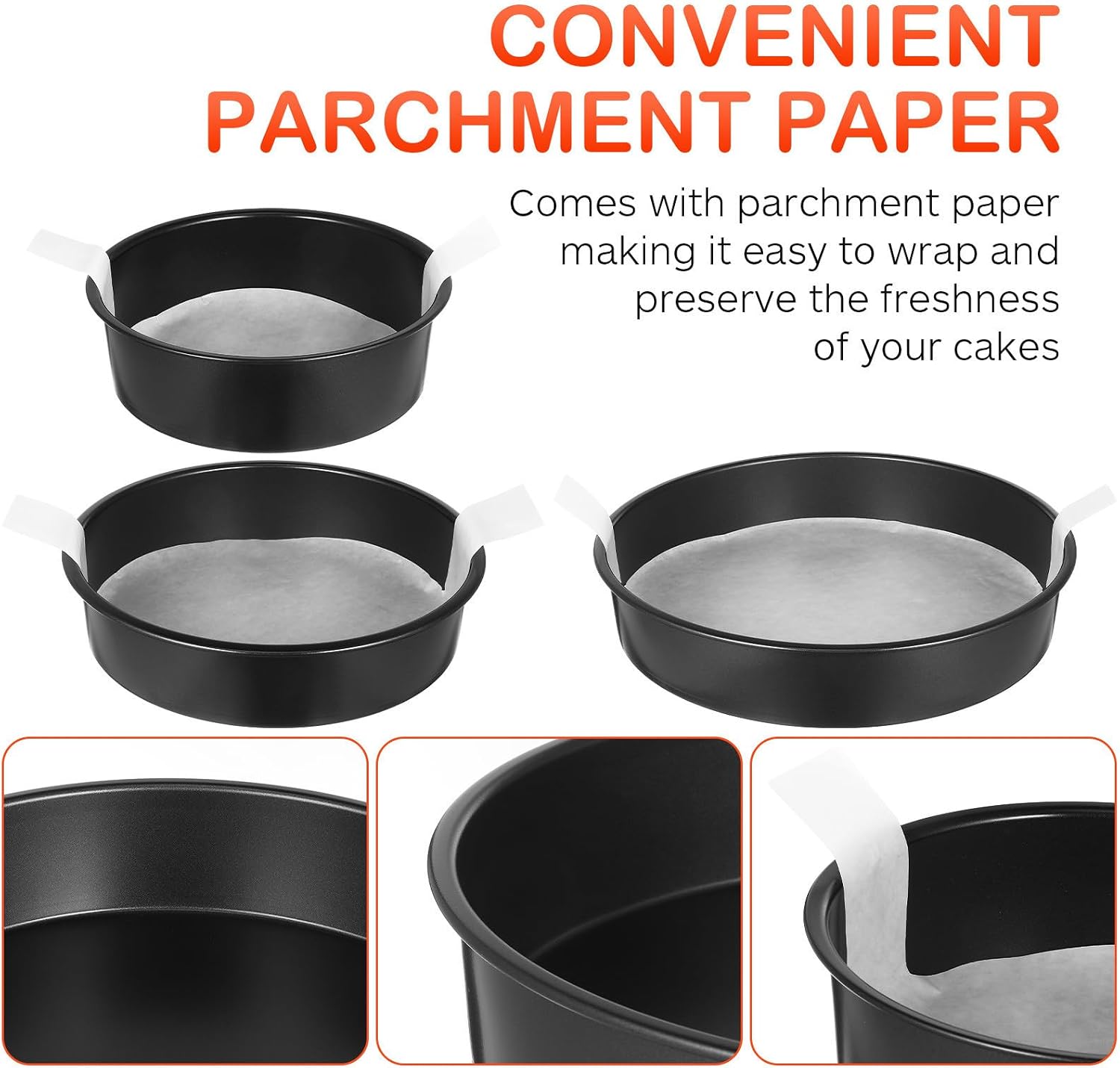 Cake Pans Set with Smooth Surface Carbon Steel 3 Pcs Nonstick Baking Mold and 150 Parchment Papers 6 Inch 8 Inch for Baking Scenarios