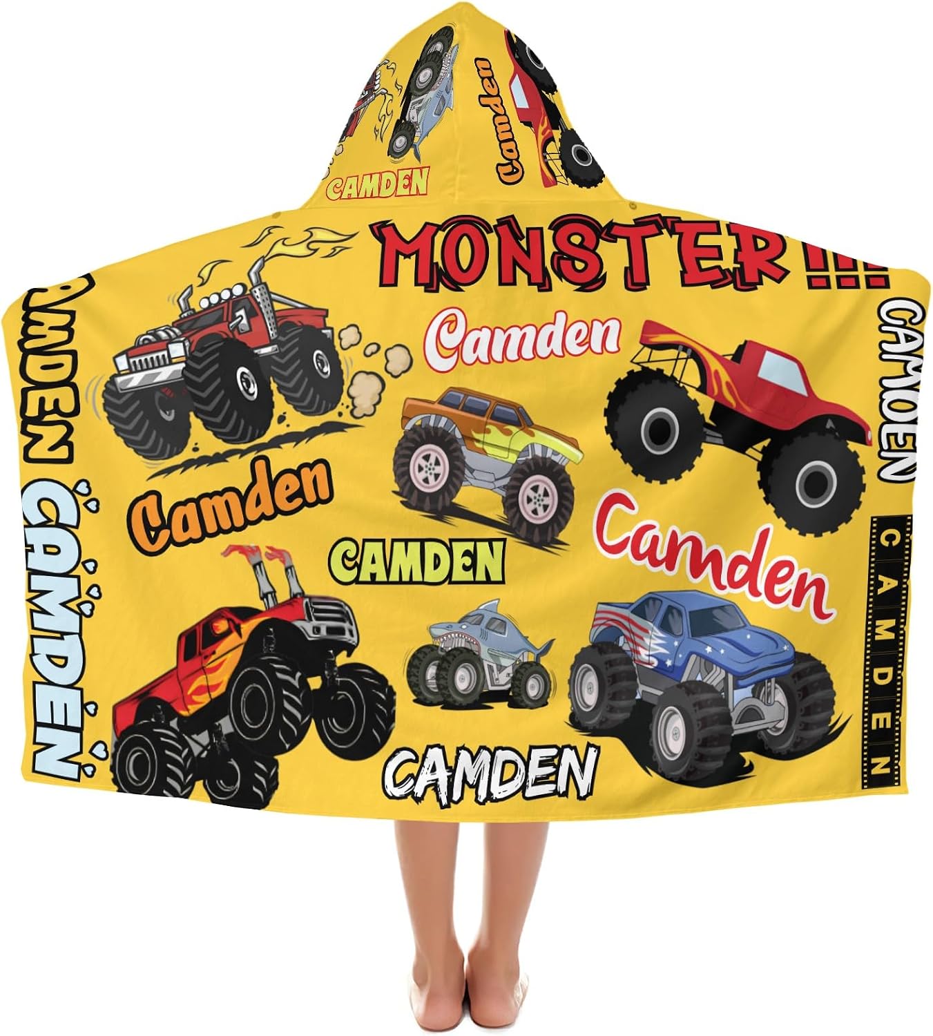 Personalized Cartoon Car Letter Blue Beach Towel with Hood for 3-12 Years Boys Girls Hooded Towels Bath Robe for Kids