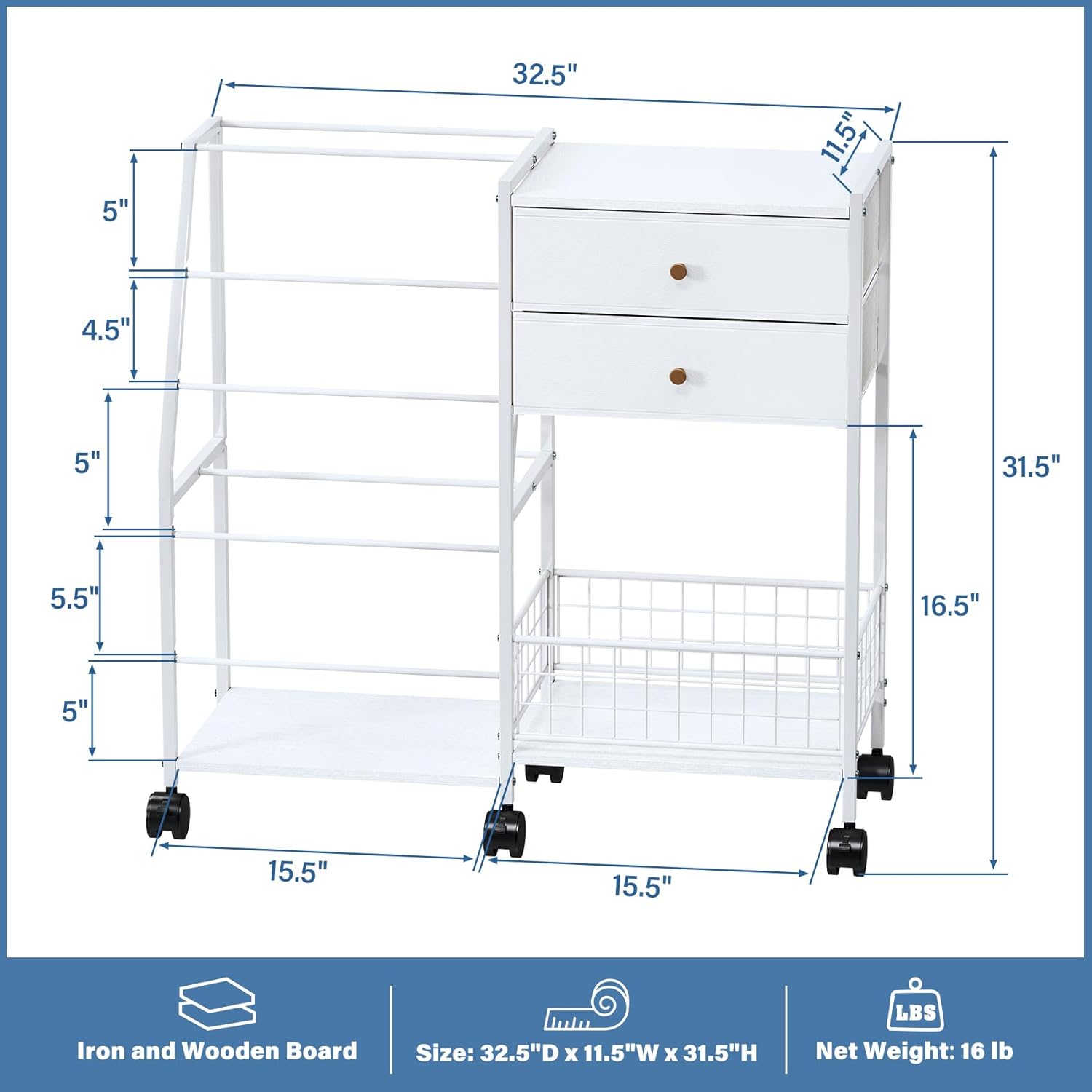 TC-HOMENY Wrapping Paper Organizer Storage Cart,Ribbon Organizer and Gift Wrap Rack with 2 Large Drawers, Blueprint Poster Holder, Craft Organizer, Christmas Paper Storage Containers with Wheels