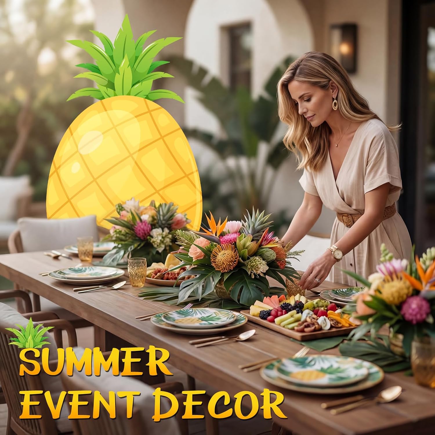 Yinkin Large Pineapple Cutout Standee 4ft Tall - Corrugated Plastic Tropical Luau Party Decorations, Waterproof Hawaiian Photo Booth Prop for Summer Beach Tiki Bar & Bridal Shower Backdrop