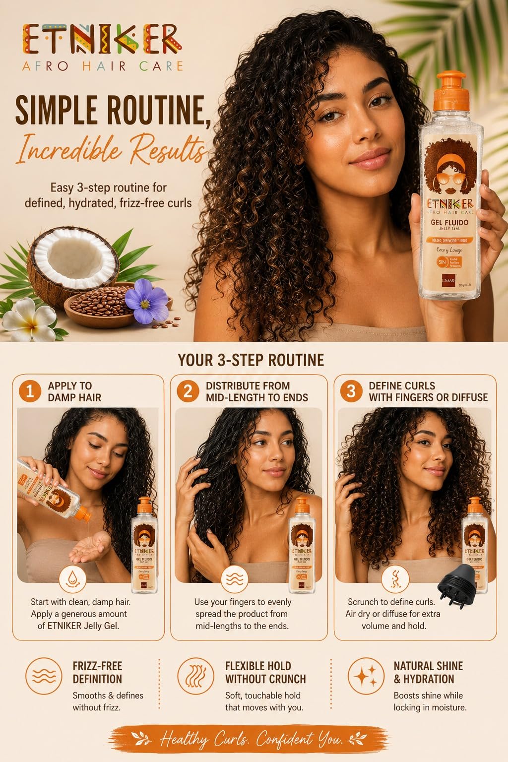 L'MAR Etniker Gel Afro Cuidado del Cabello Residuos sin Alcohol y Linaza, Gel Etniker Fluido Coco y Linaza Moldeo Definición y Brillo Sin Alcohol Residuos Parabenos 10.5Oz-300ml