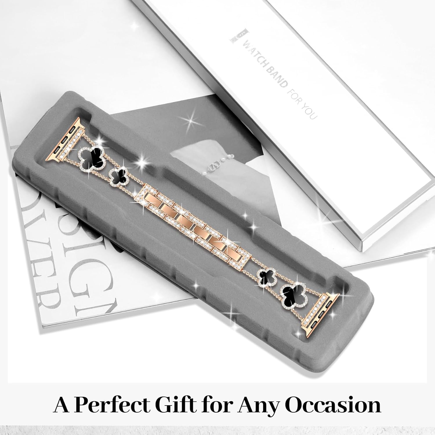 Rose Gold Bling Diamond Clover Bands Women Compatible with Apple Watch 42mm(S3/2/1) 44/45/46/49mm Lucky Sparkle Dressy Bracelet Metal Strap for iWatch Series 11/10/9/8/7/6/5/4/SE/Ultra 3/2/1 - Image 7