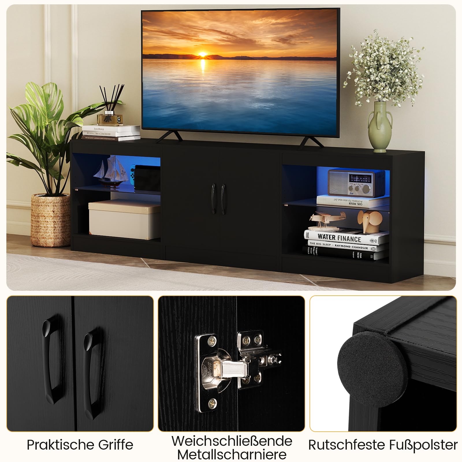 COSTWAY 3- in-1 TV-Schrank, Fernsehtisch für Fernseher bis zu 85 Zoll, 195 cm lang Lowboard mit LED Beleuchtung & verstellbaren Glasregalen für Wohnzimmer, Schlafzimmer, Esszimmer (Schwarz)