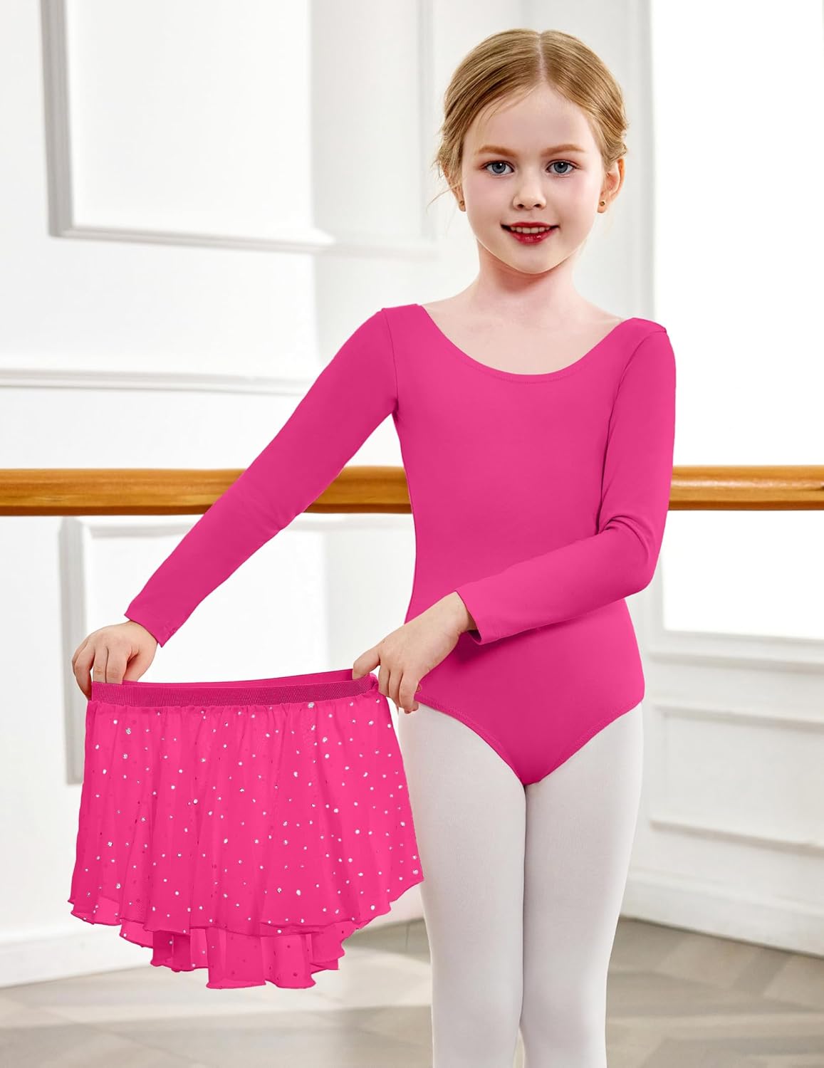 Zaclotre Girls Ballet Leotards Toddler Long Sleeve Crisscross Back Dance Dress Outfit with Removable Shiny Skirt Combo - Image 4