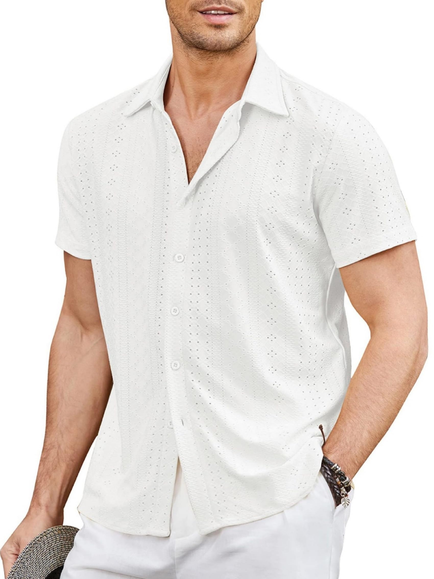 Plilima Camisas de manga corta para hombre, con huecos, para vacaciones, verano, playa, informal, hawaiana