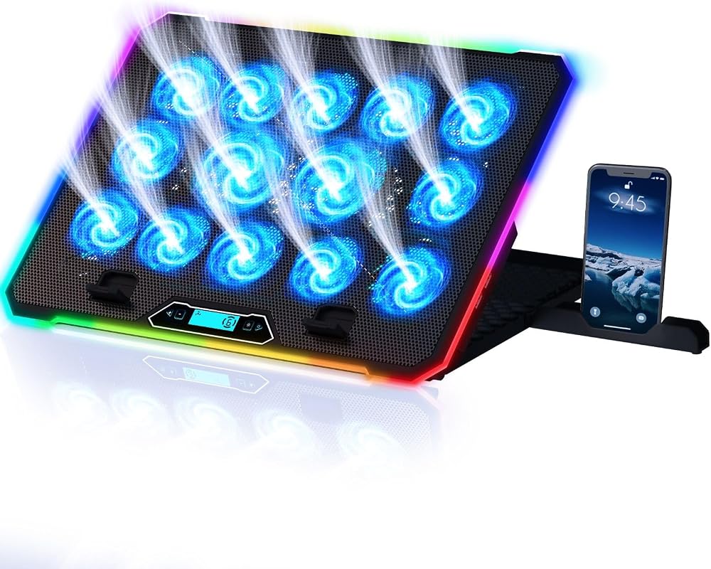 KLIM V14 Gaming Laptop Cooling Pad with 14 Fans + Gaming Laptop Cooler + Stable RGB Laptop Stand with Fan + Compatible up to 17 Inches + 2 USB Ports + Mobile Phone Holder + 5 Years Protection
