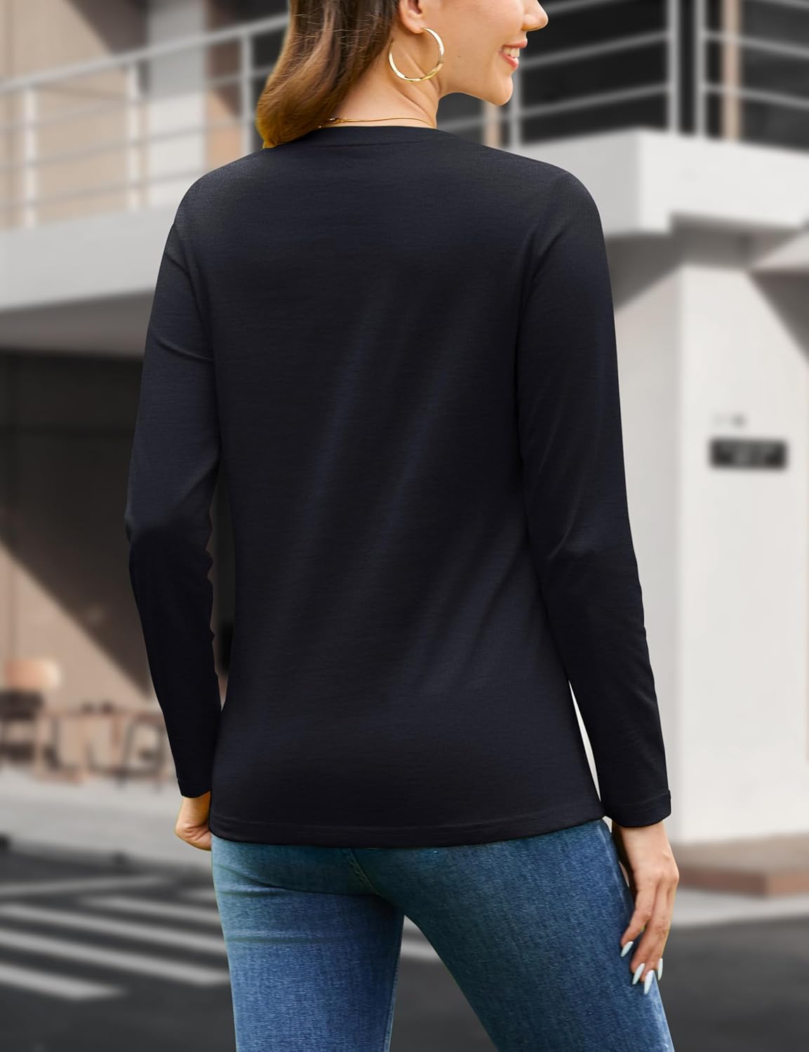 YUCOLEN Women's Long Sleeve Shirts V Neck Cotton T-Shirt Solid Color Casual Tops Basic Tees for Women - Image 3
