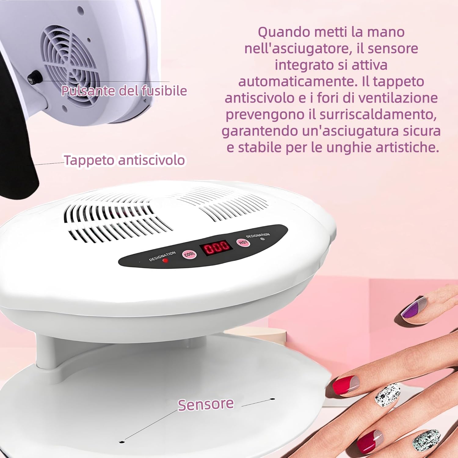 Asciugatore per unghie, bianco Asciugatrice di vernice per unghie a aria ventilatore per unghie Asciugatrice di vernice per unghie Sensore 400 W