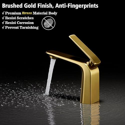 Miniatura 4 de Grifo de baño de oro cepillado, un solo agujero, una sola palanca, grifo de fregadero de recipiente, cobre, corriente aireada, 2.2 GPM, garantía