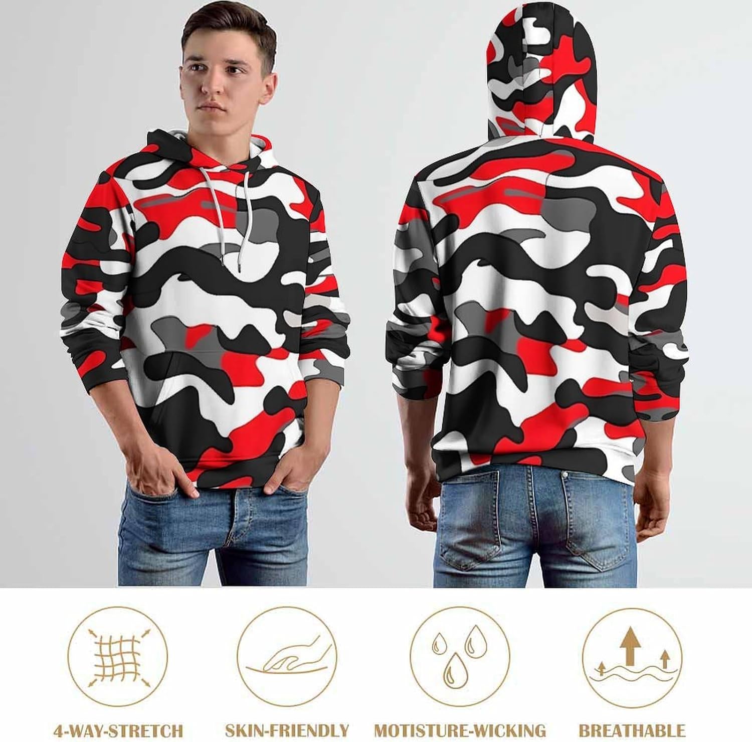 Black Red White Army Camouflage Adult Hoodies Pullover Hooded Sweatshirts Long Sleeve Sweater Tops with Pocket