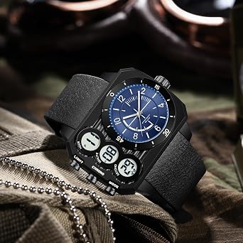 findtime Big Face Watch for Men Square Large Face Cool Mens Watches with Three Time Zone Countdown Alarm LED Stopwatch Unique Cool Wristwatch